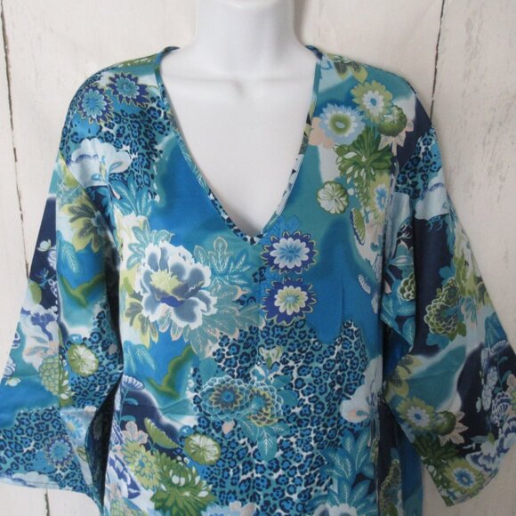 Cruz Natori Nightgown S Small Blue Asian Floral Pockets House Dress Mumu Kimono - Picture 2 of 7